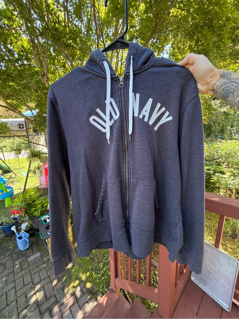 Old Navy Men's Charcoal Zip-Up Hoodie with White Logo and Drawstrings